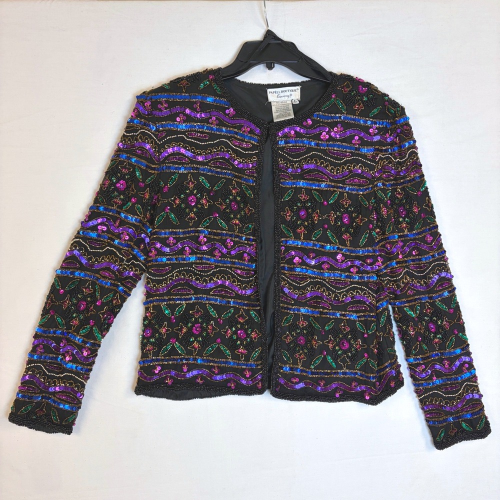Papell Boutique Evening Silk Beaded Sequin Jacket Vintage Large Old Money Loud